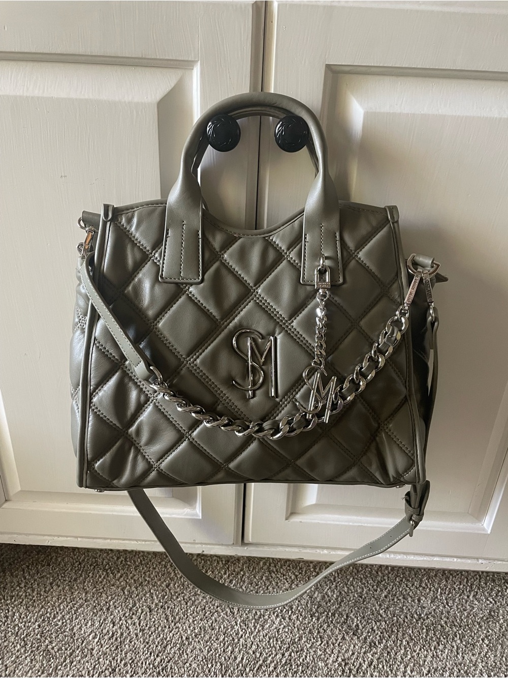 Steve Madden Quilted Olive Top-Handle Shoulder Bag with Chain Accent
